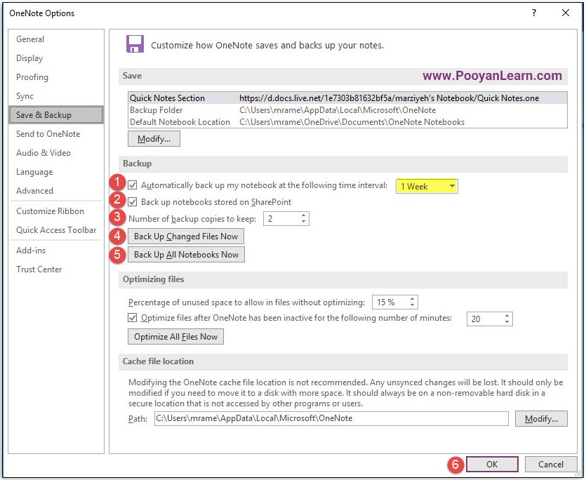 تنظیمات پشتیبان‌گیری در OneNote